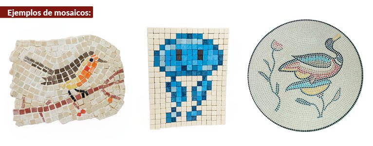 Ejemplos de mosaicos realizados con las teselas de un tamaño de 7,5x7,5x3mm y un peso aproximado entre 0,25 y 0,35 gramos