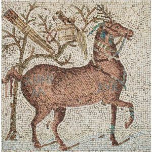 Mosaico caballo con equipamiento de cazador. Medida: 100×100 cm. 6000 teselas de 9mm.