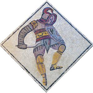 Mosaico gladiador Tracio. Tamaño: 42×42 cm. 3000 teselas de 7,5 mm.