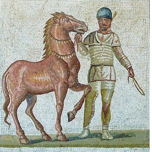 Mosaico romano auriga con caballo. Tamaño 74×72 cm. 12300 teselas de 7,5mm.