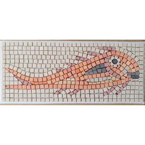 Mosaico romano pez naranja. Tamaño: 28×14 cm. 460 teselas de 7,5mm.