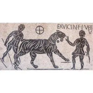 Kit mosaico bestiarios Coliseo romano. 18000 teselas de 5mm. Tamaño 103×53 cm.