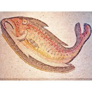Mosaico romano pez colores. Tamaño 75×52 cm. 4000 teselas de 7,5 mm.