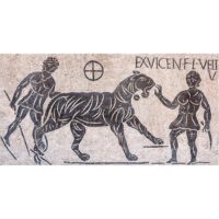 Mosaico bestiarios Coliseo romano. Tamaño 103×53 cm. 18000 teselas de 5mm.