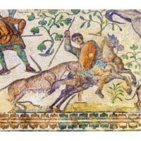 Mosaico romano escena caza. Tamaño 265×210 cm. 55000 teselas de 9mm.