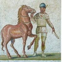 Mosaico romano auriga con caballo. Tamaño 74×72 cm. 12300 teselas de 7,5mm.